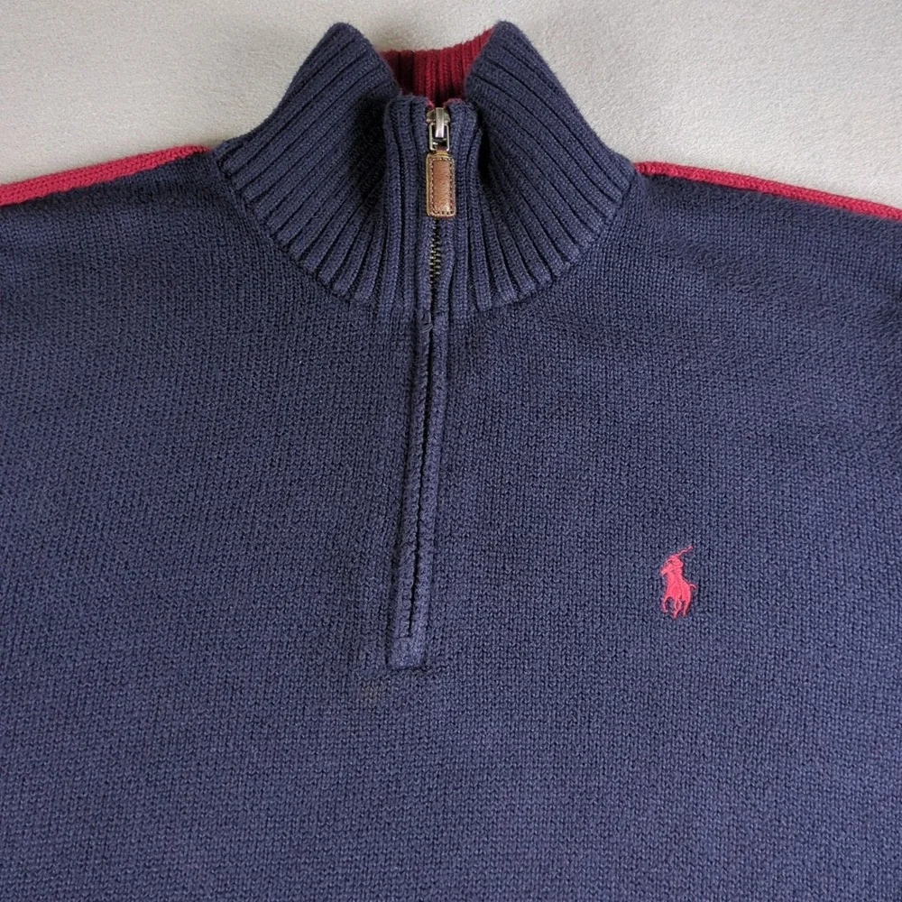 Vintage Polo Ralph Lauren 1/4 Zip Sweater Mens Medium Blue Red Striped Sleeve